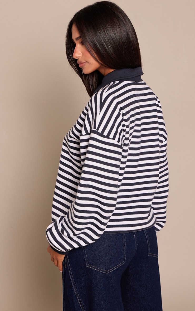 Petite Navy Striped Brushed Button Up Sweatshirt image 2