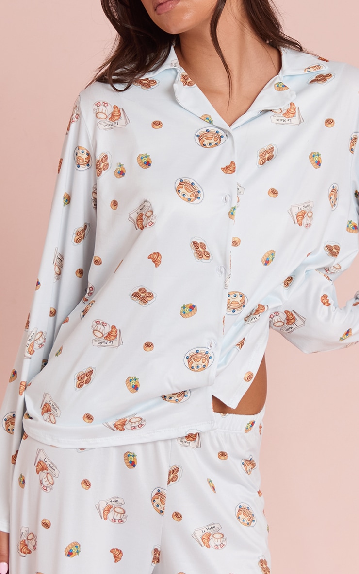 Blue Breakfast Printed Long Sleeve Button Through PJ Set image 4