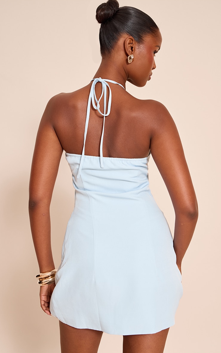 Blue Woven Tailored Trim Neck Detail Mini Dress image 2
