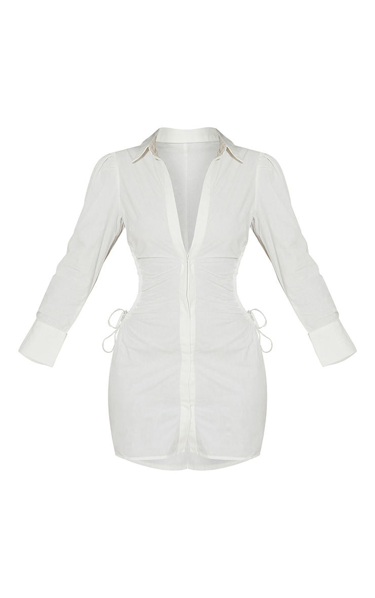 White Ruched Side Lace Up Detail Shirt Dress image 5