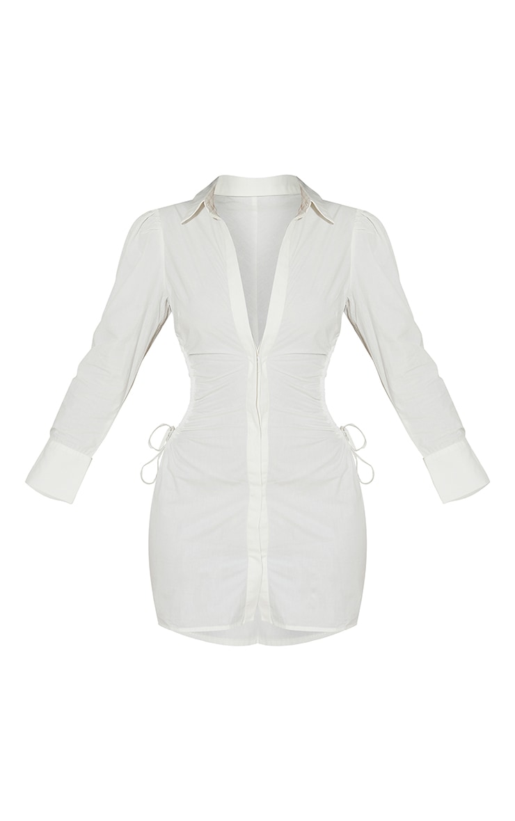 White Ruched Side Lace Up Detail Shirt Dress image 5