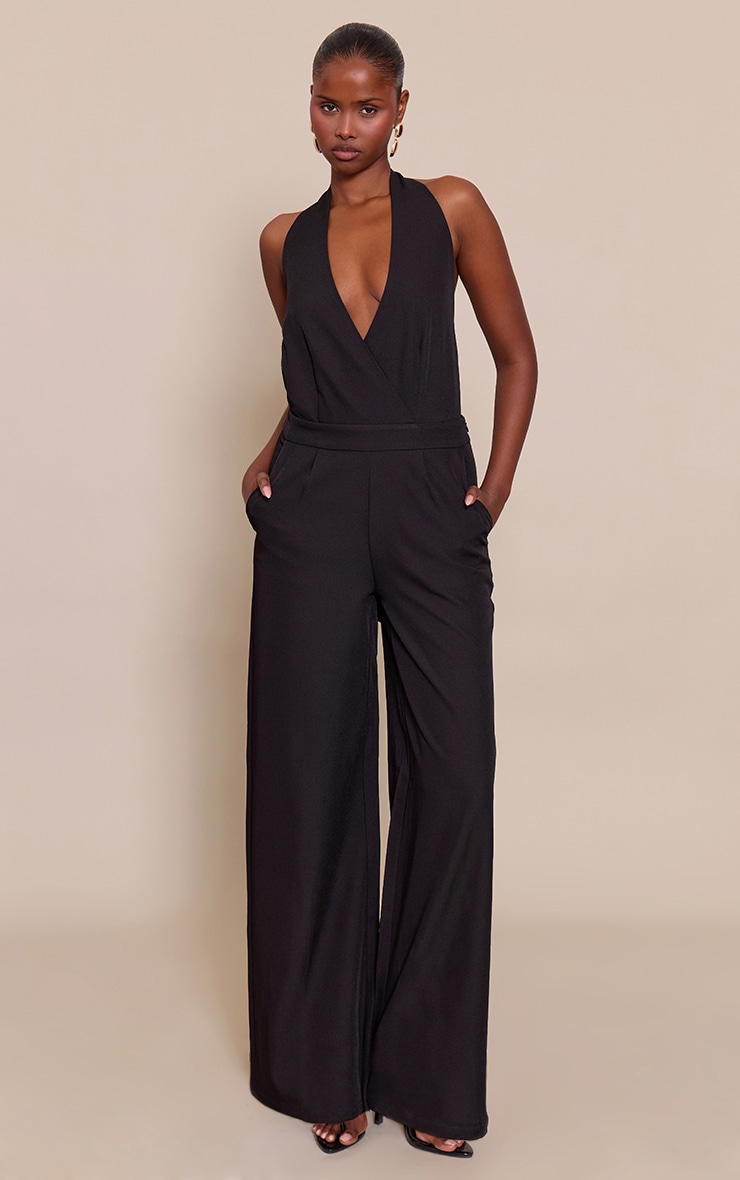 Black Tailored Plunge Halter Neck Wide Leg Jumpsuit image 1
