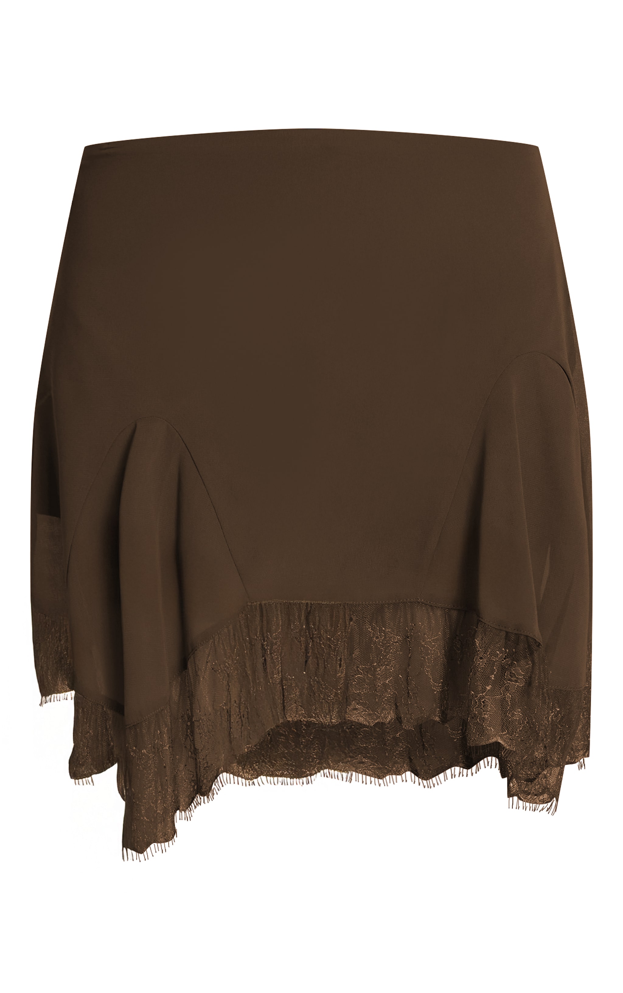 Chocolate Chiffon Lace Trim Hanky Hem Mini Skirt image 6