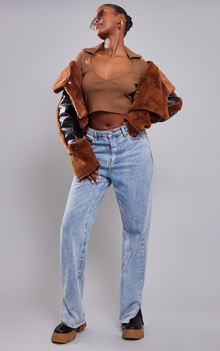 Chocolate Rib Collar Detail Long Sleeve Crop Top