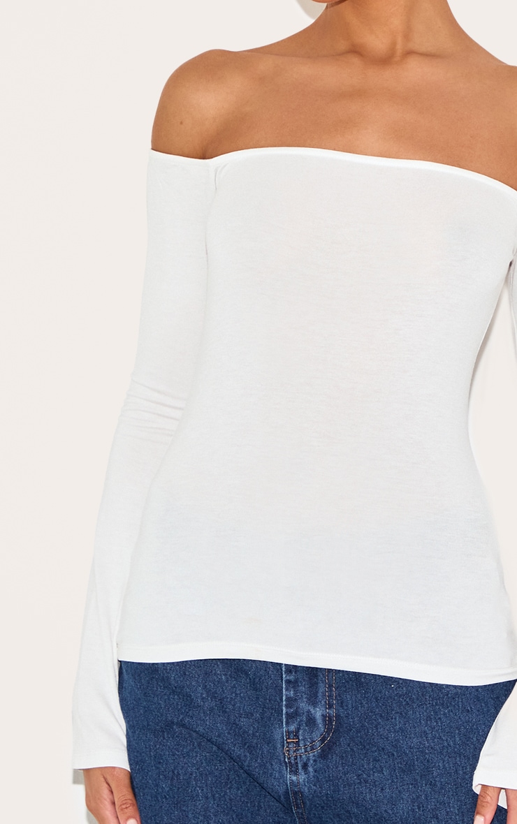 White Soft Cotton Bardot Long Sleeve Top image 4