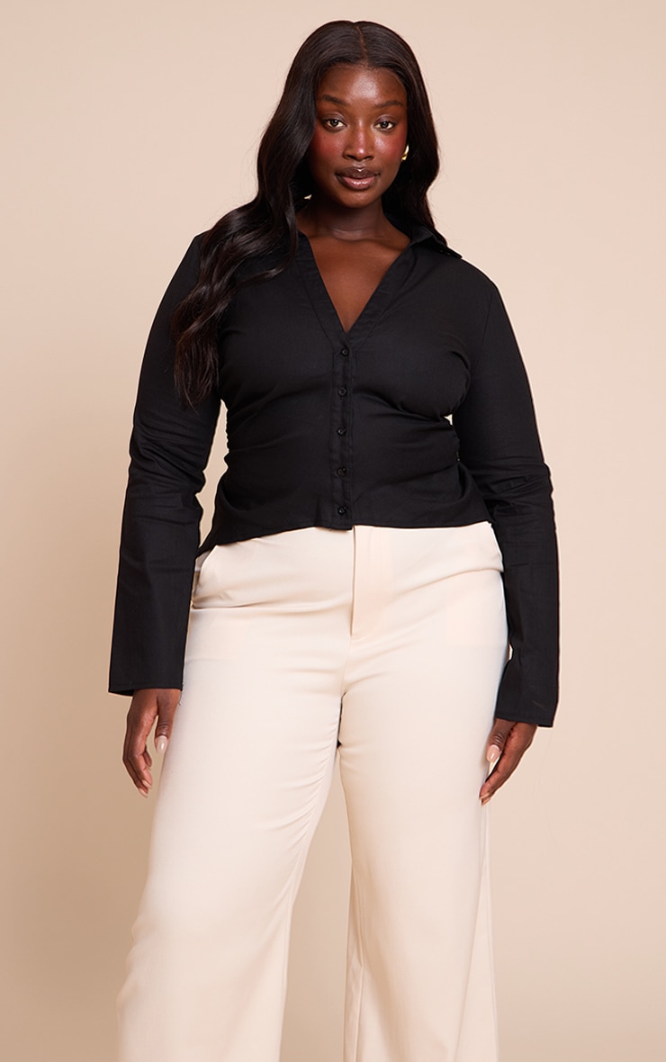 Plus Black Linen Shoulder Padded Fitted Shirt image 4