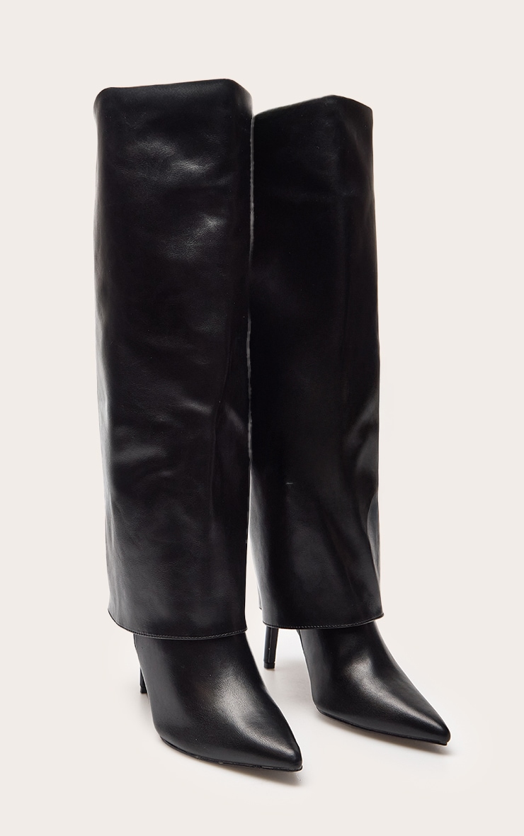 Black Faux Leather Stiletto Foldover Knee High Boot image 3