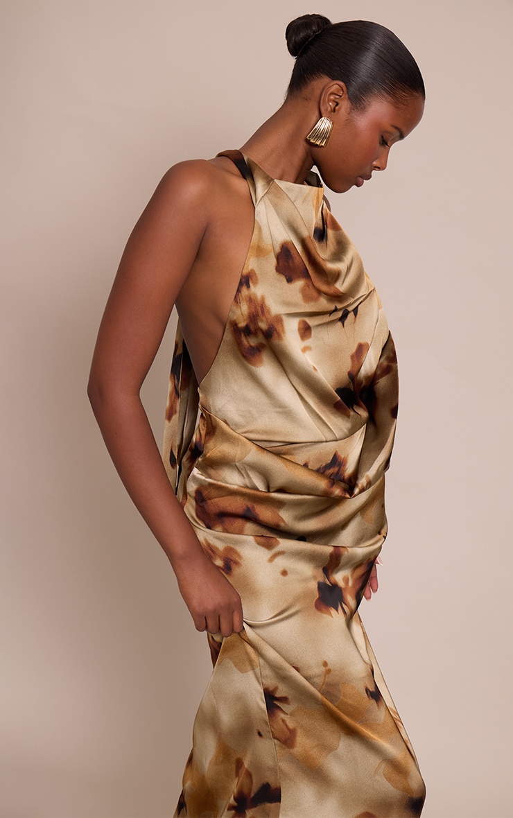Green Abstract Print Satin Ombre Print Cowl Neck Maxi Dress image 4