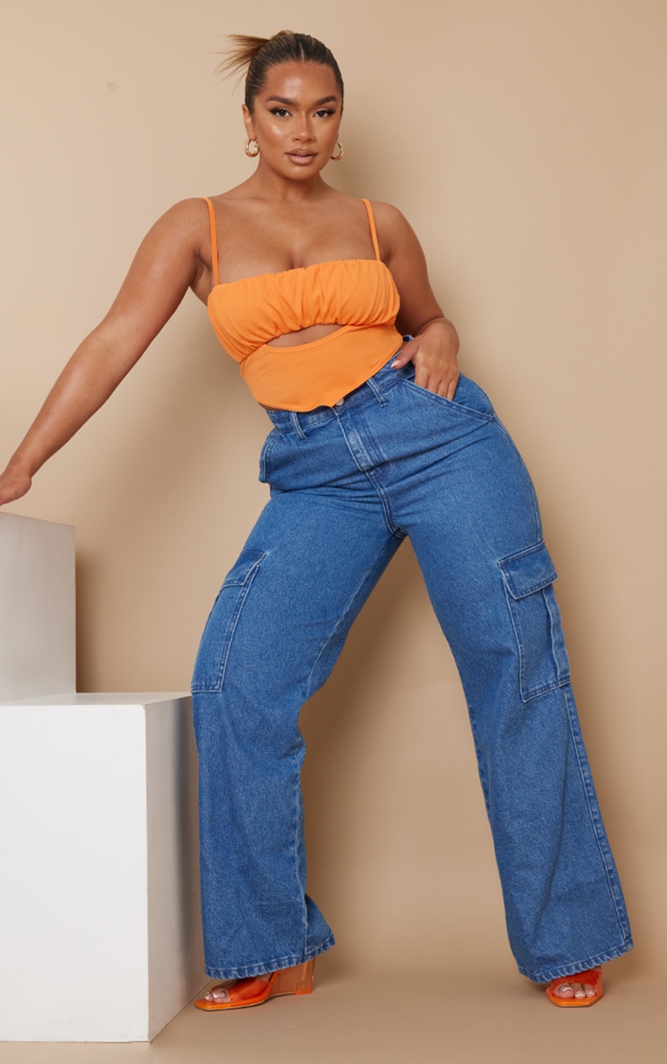 Shape - Crop top côtelé orange découpé à buste froncé, Orange