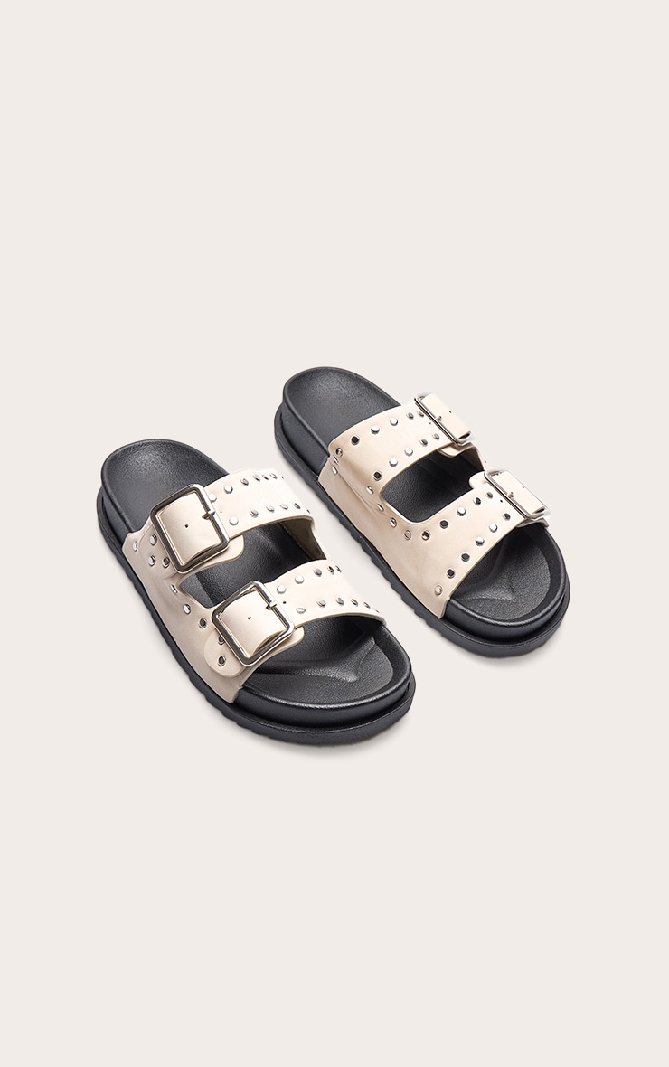 Beige Double Buckle Faux Suede Flatbed Sandals image 3