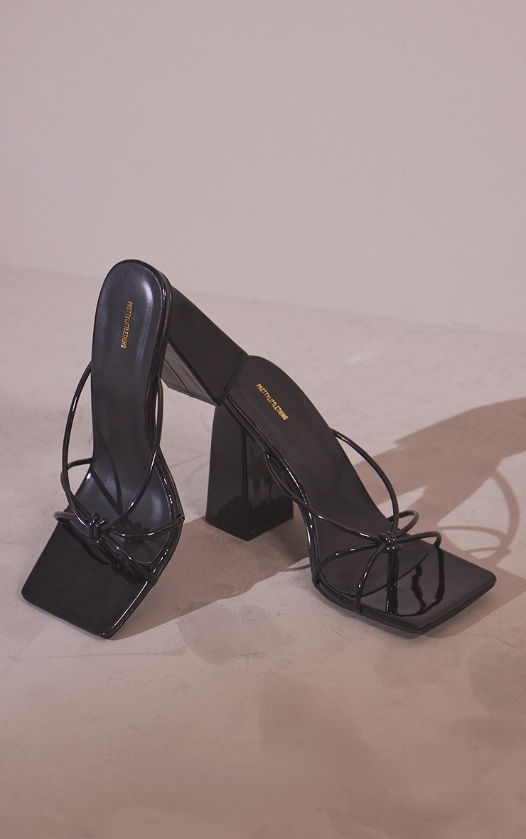 Black Wide Fit Pu Toe Thong Knot Heeled Mules Footwear PLT