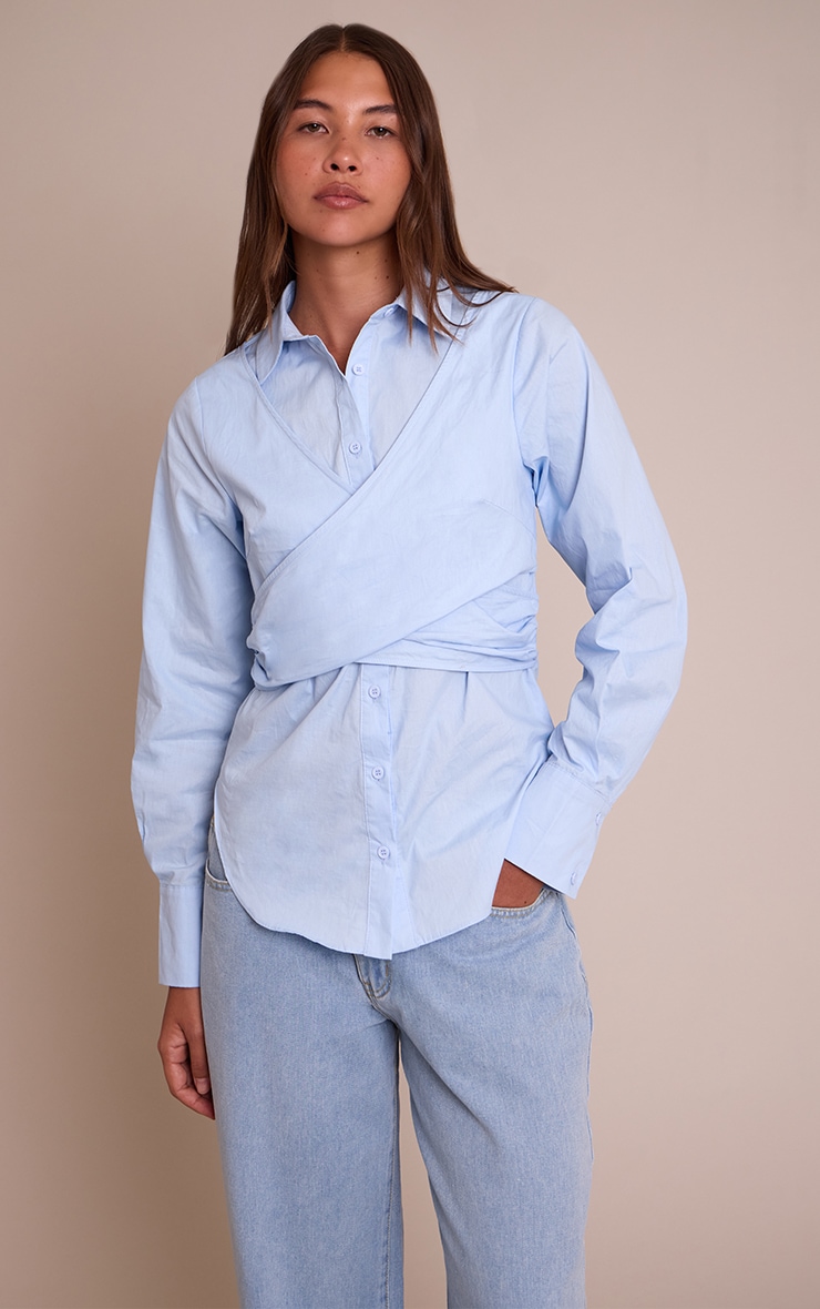 Light Blue Cotton Wrap Detail Longline Shirt image 1