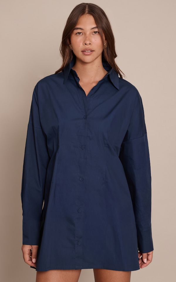 Navy Tie Back Detail Long Sleeve Shirt Dress
