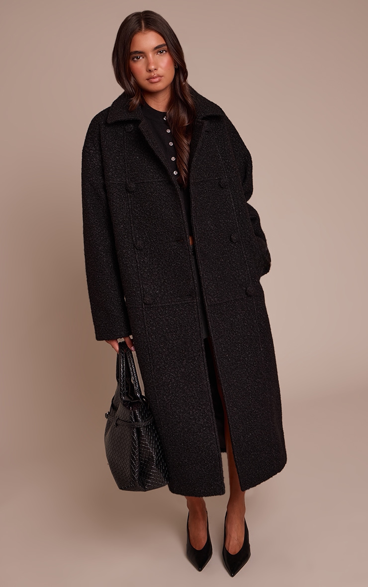 Black Boucle Double Breasted Maxi Coat image 1