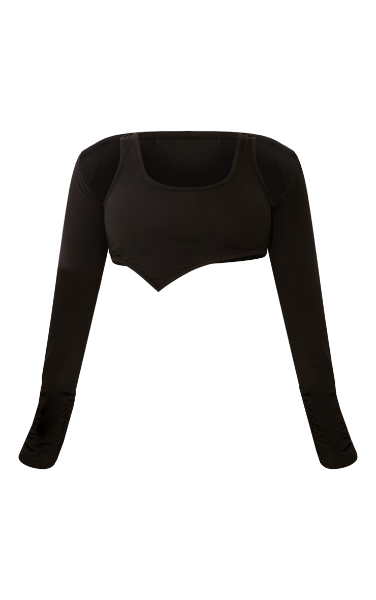 Black Jersey Crop Cold Shoulder Ruched Long Sleeve Top image 5