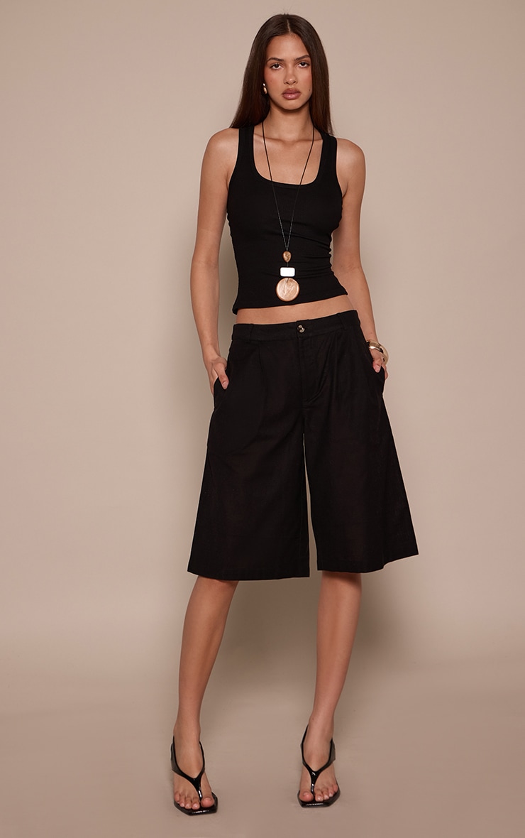 Black Linen Look Pleated Tailored Long Shorts