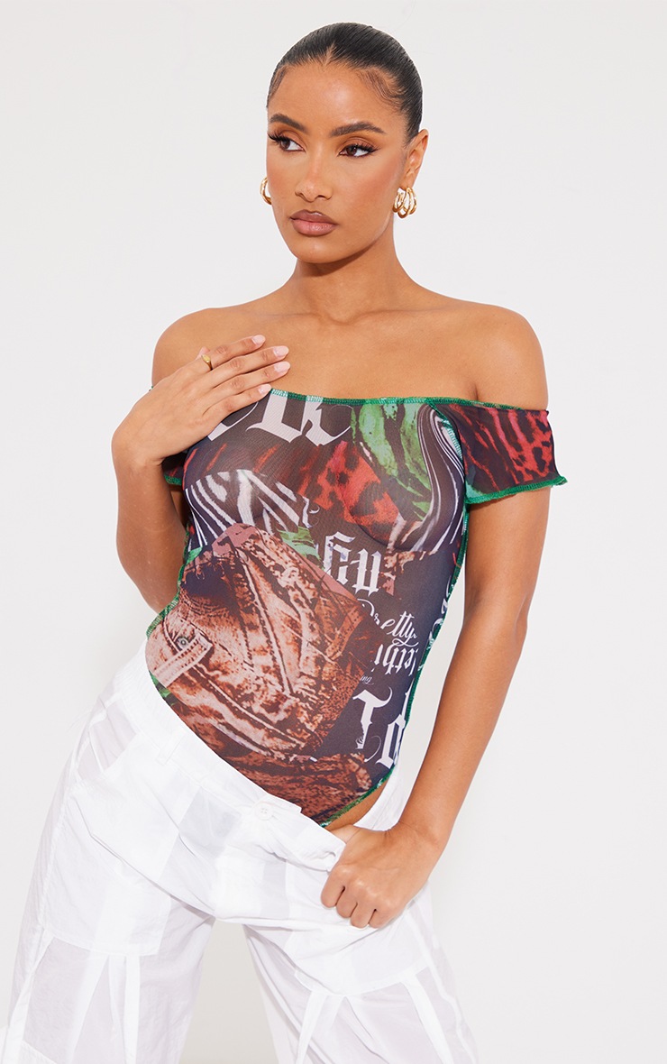 Black Mesh Printed Contrast Seam Bardot Bodysuit