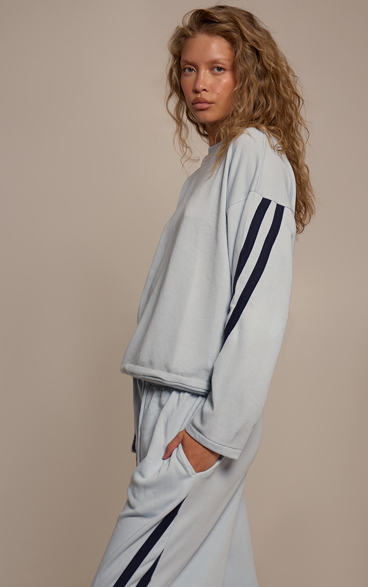 Blue Contrast Striped Wide Leg Sweatpants image 4