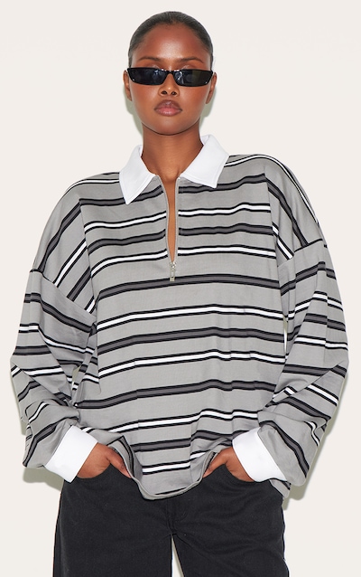 Charcoal Grey Oversized Stripe Contrast Collar Sweat