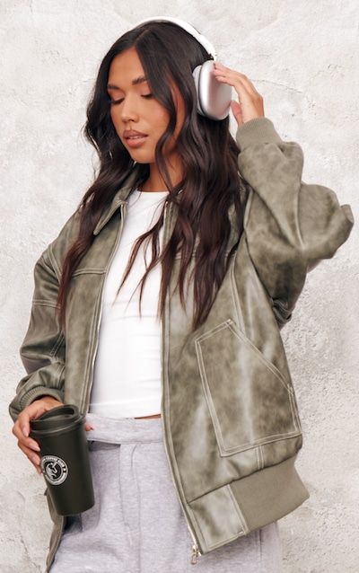 Washed Green Distressed Faux Leather Oversized Longline Bomber Jacket