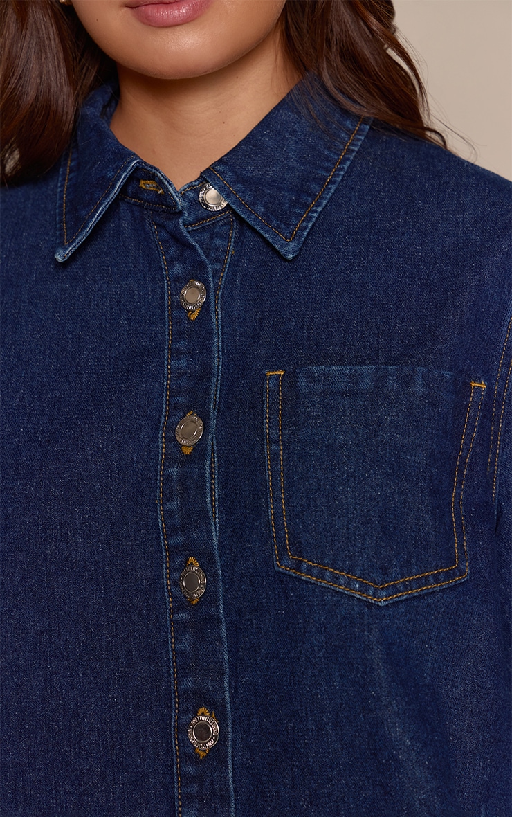 Indigo Raw Hem Cropped Style Denim Shirt image 4