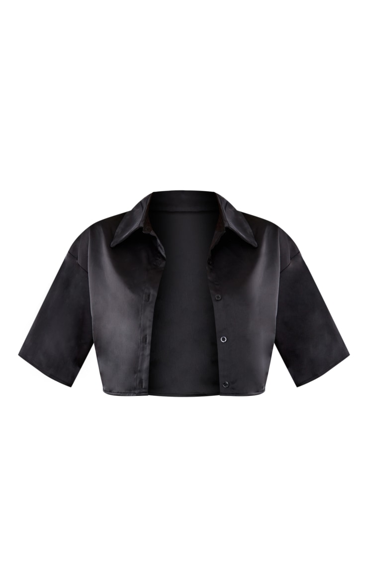 Black Structured Satin Short Sleeve Crop Shirt image 5