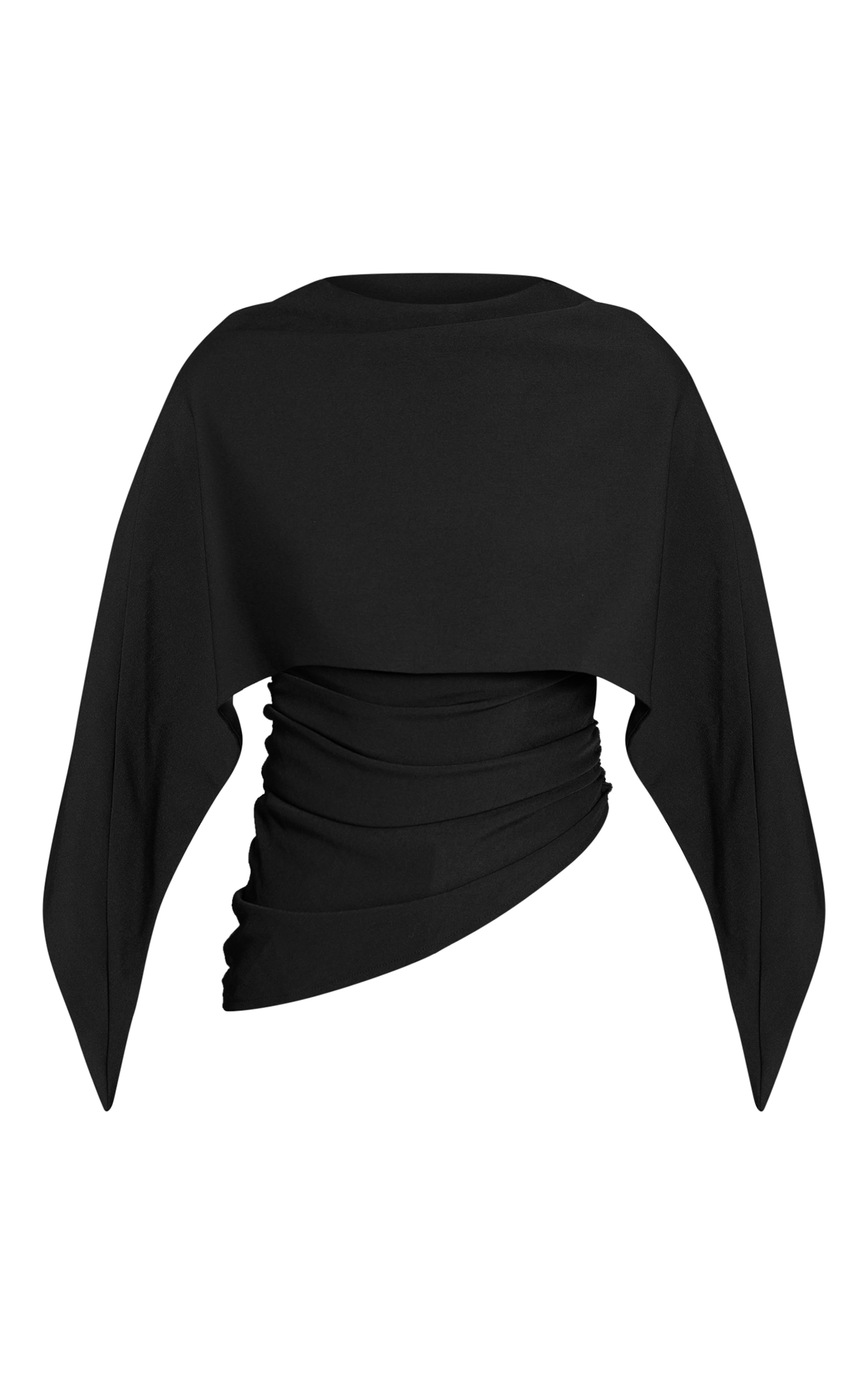 Black Woven Cape Detail Ruched Long Top image 5