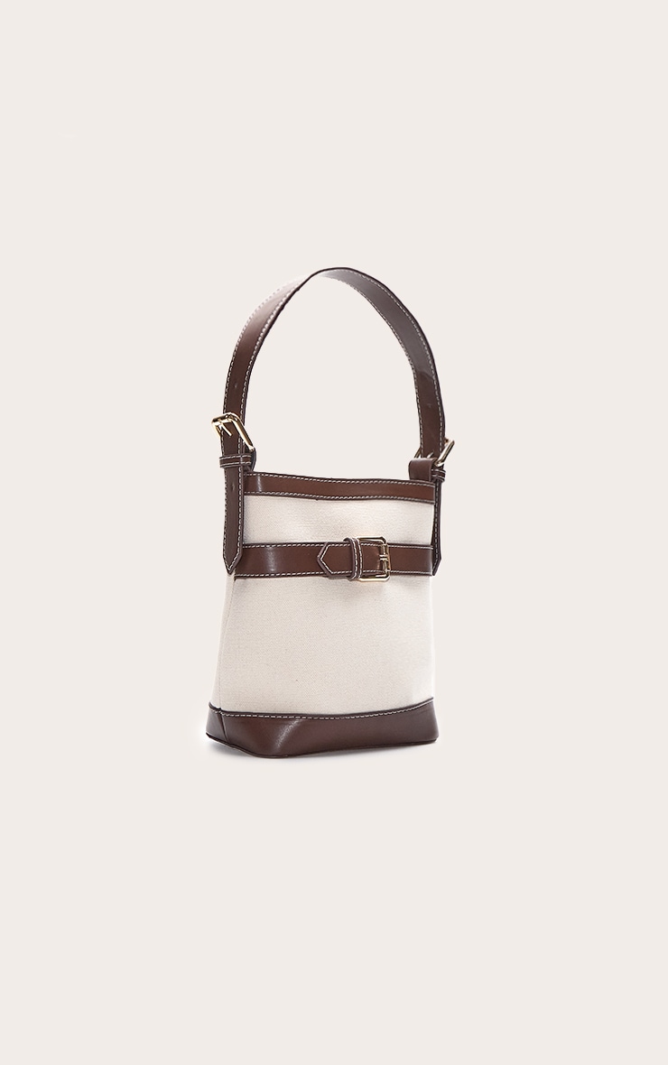 Chocolate PU Contrast Canvas Bucket Bag image 3