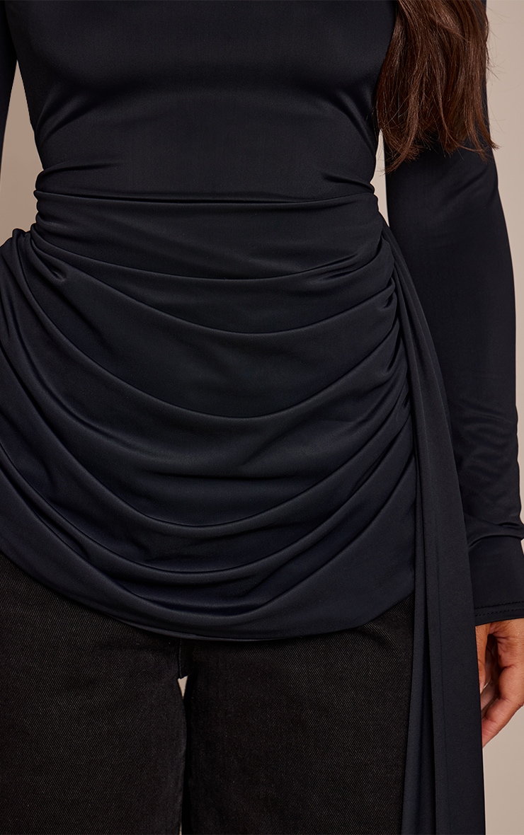 Black Matte Sculpt Extreme Drape Detail Long Sleeve Top image 4