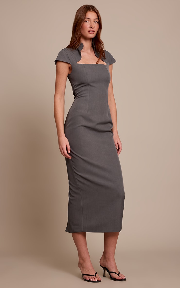 Robe mi-longue tissée gris anthracite à manches courtes image 3