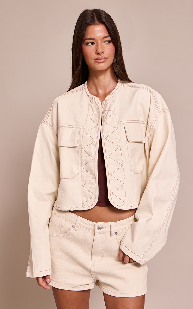 Ecru Curved Hem Cropped Denim Jacket image 1