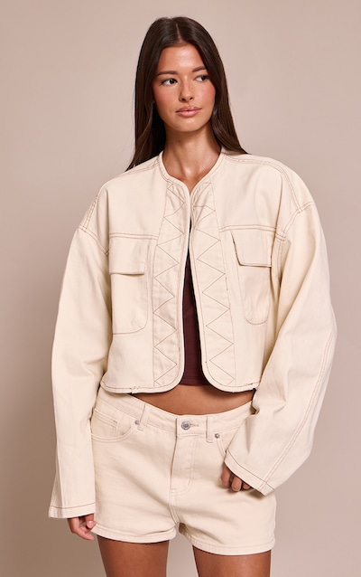 Ecru Curved Hem Cropped Denim Jacket