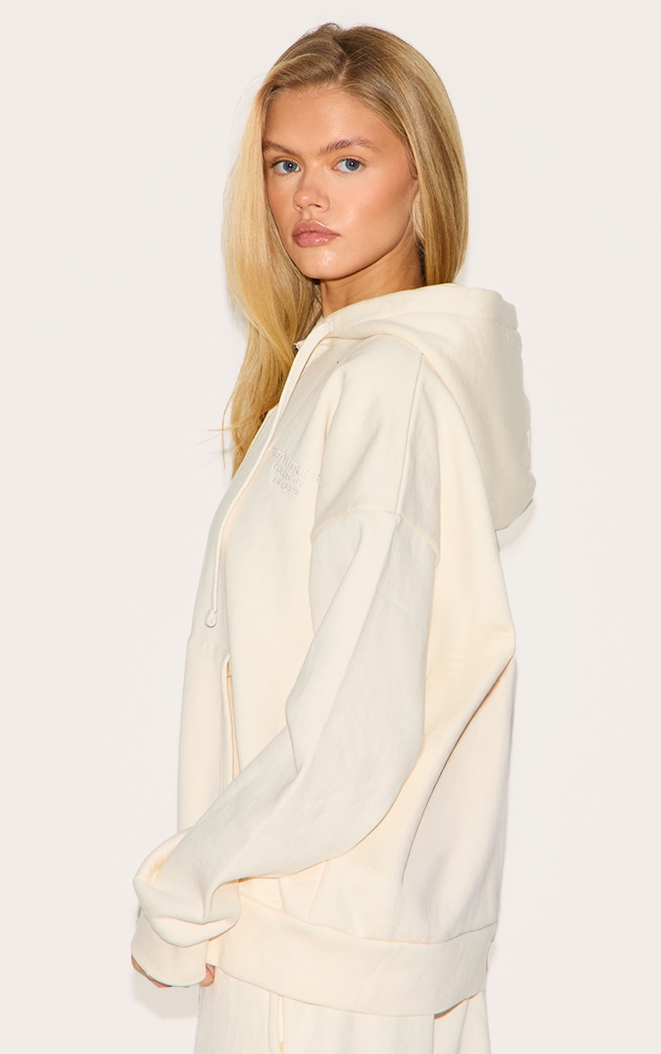 PRETTYLITTLETHING Cream Premium Embroidered Zip Front Oversized Hoodie image 2