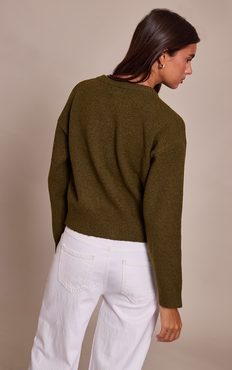Cardigan en maille tricot kaki à col ras image 2
