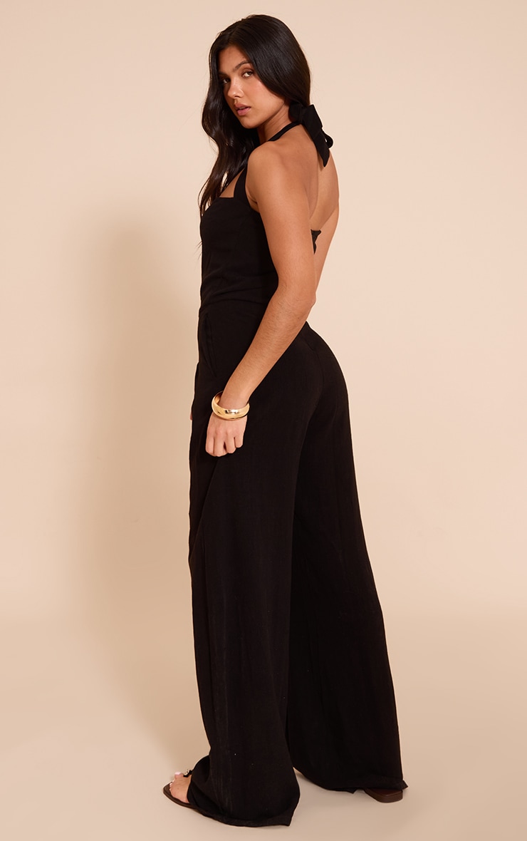 Black Linen Look Halter Neck Wide Leg Jumpsuit image 2