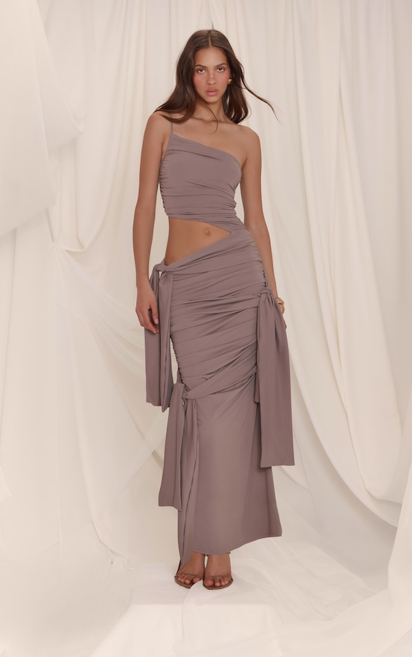 Taupe Slinky Jersey Knot Detail Cut Out One Shoulder Maxi Dress
