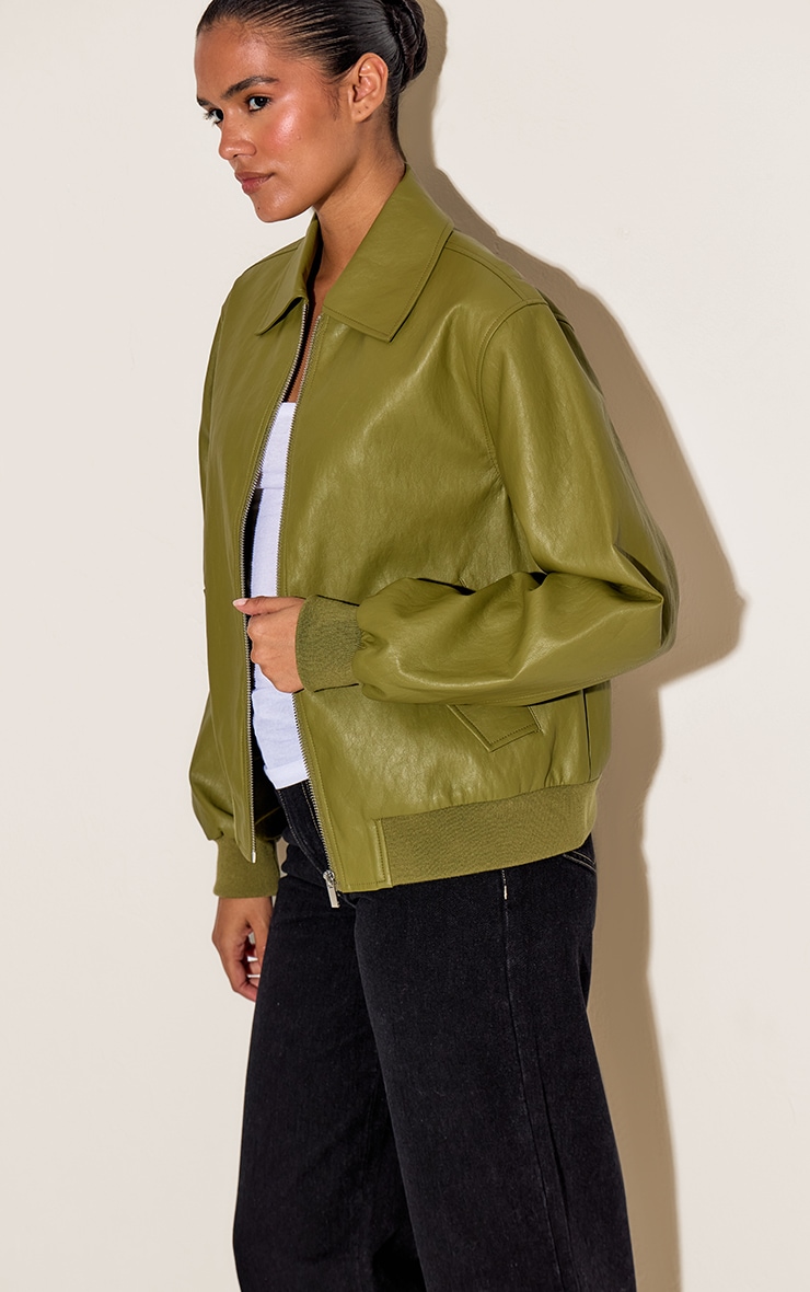 Olive Faux Leather Bomber Jacket image 4