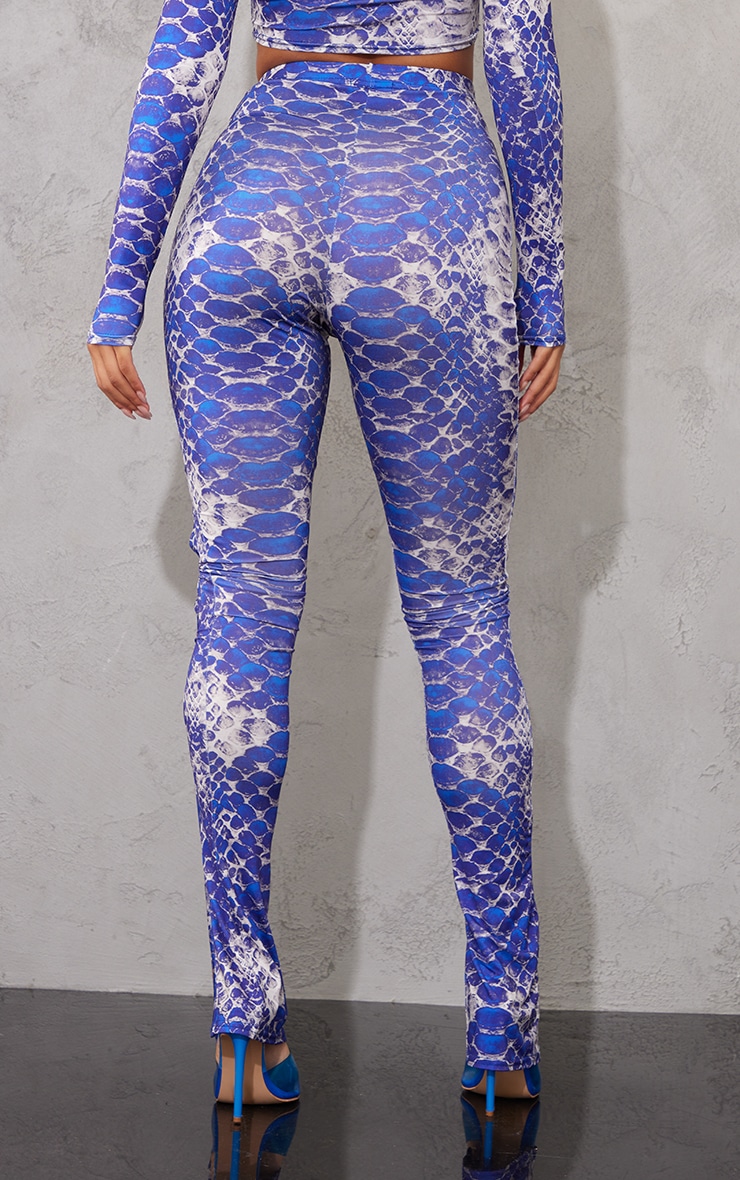 Legging moulant à imprimé serpent abstrait bleu à taille haute et découpes image 3