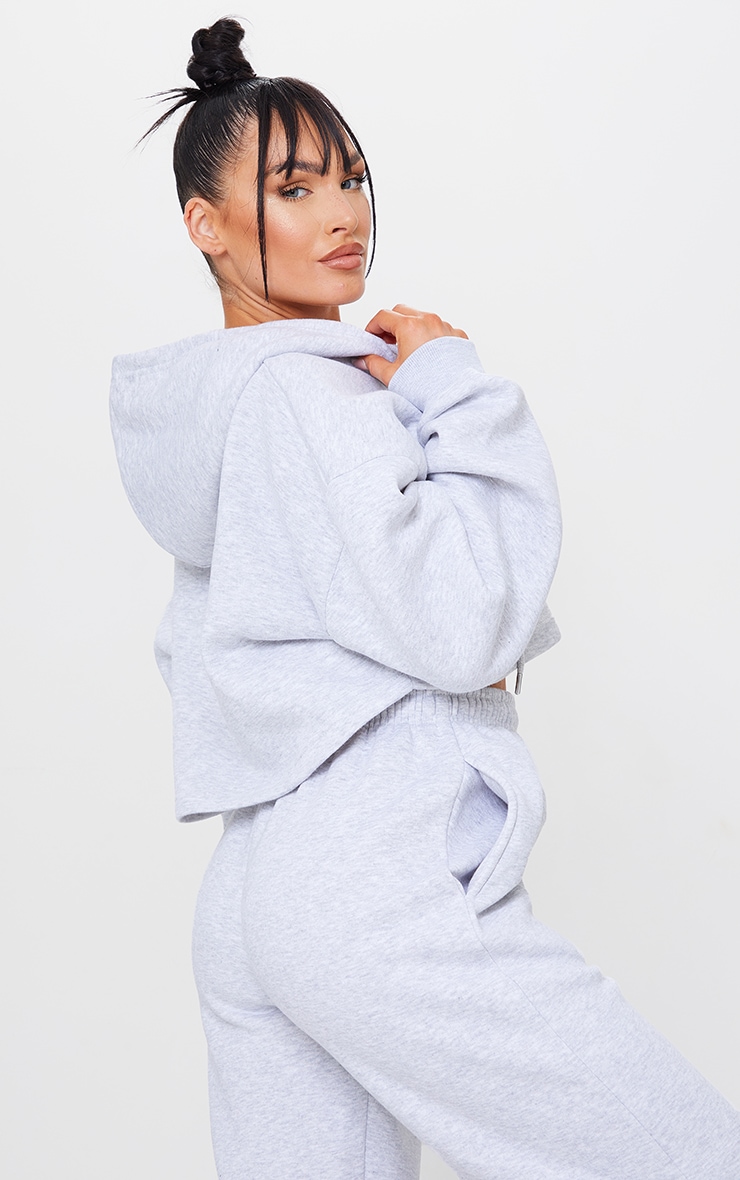 PRETTYLITTLETHING Grey Marl Copyright Graphic Zip Through Cropped Hoodie image 2