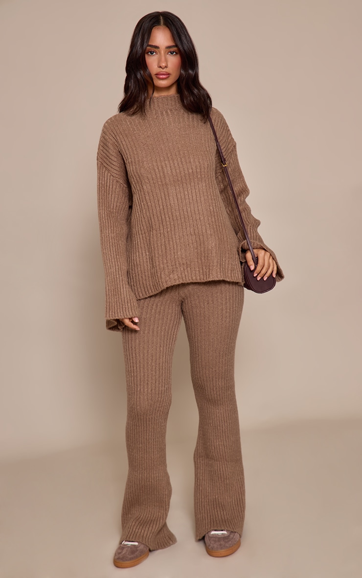 Petite Mocha Rib Knit Wide Leg Trouser