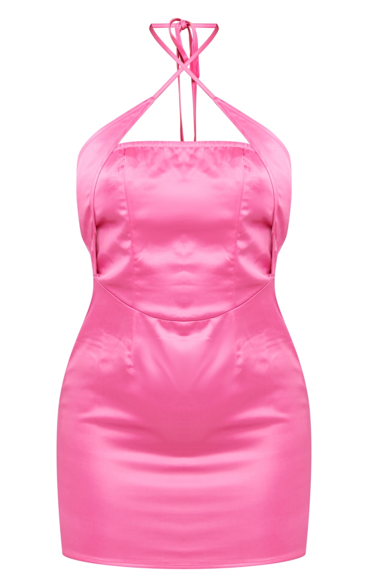 Robe moulante rose vif satin?�e crois?�e cou | PrettyLittleThing FR