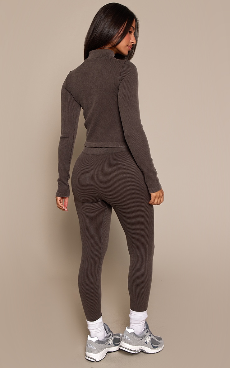 Petite Chocolate Asymmetric Waist Snatched Rib Leggings  image 3