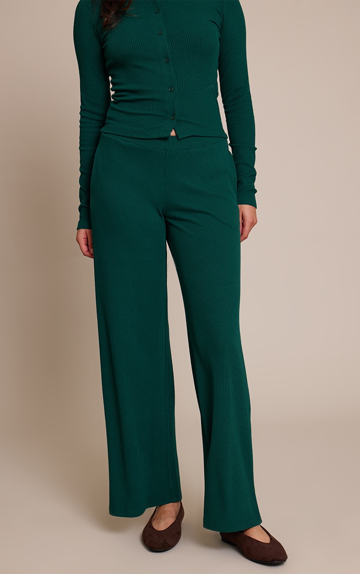 Dark Green Rib Drawstring Low Rise Straight Leg Pants image 2