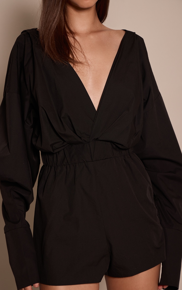 Black Cotton Plunge Shirt Romper image 4