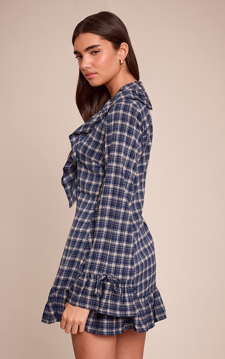 Navy Check Frill Long Sleeve Shift Mini Dress image 2