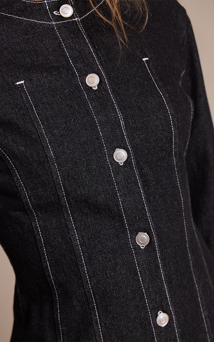 Raw Indigo Round Neck Button Up Cinched Denim Shirt image 4