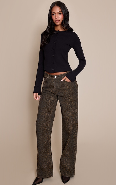 Tall Brown Leopard Print Mid Rise Wide Leg Jeans