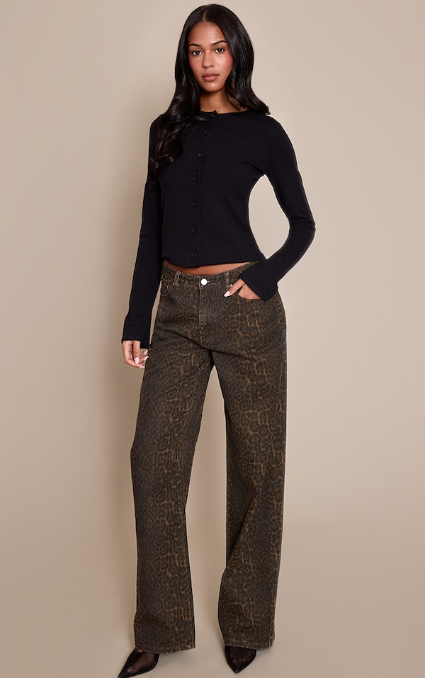 Tall Brown Leopard Print Mid Rise Wide Leg Jeans