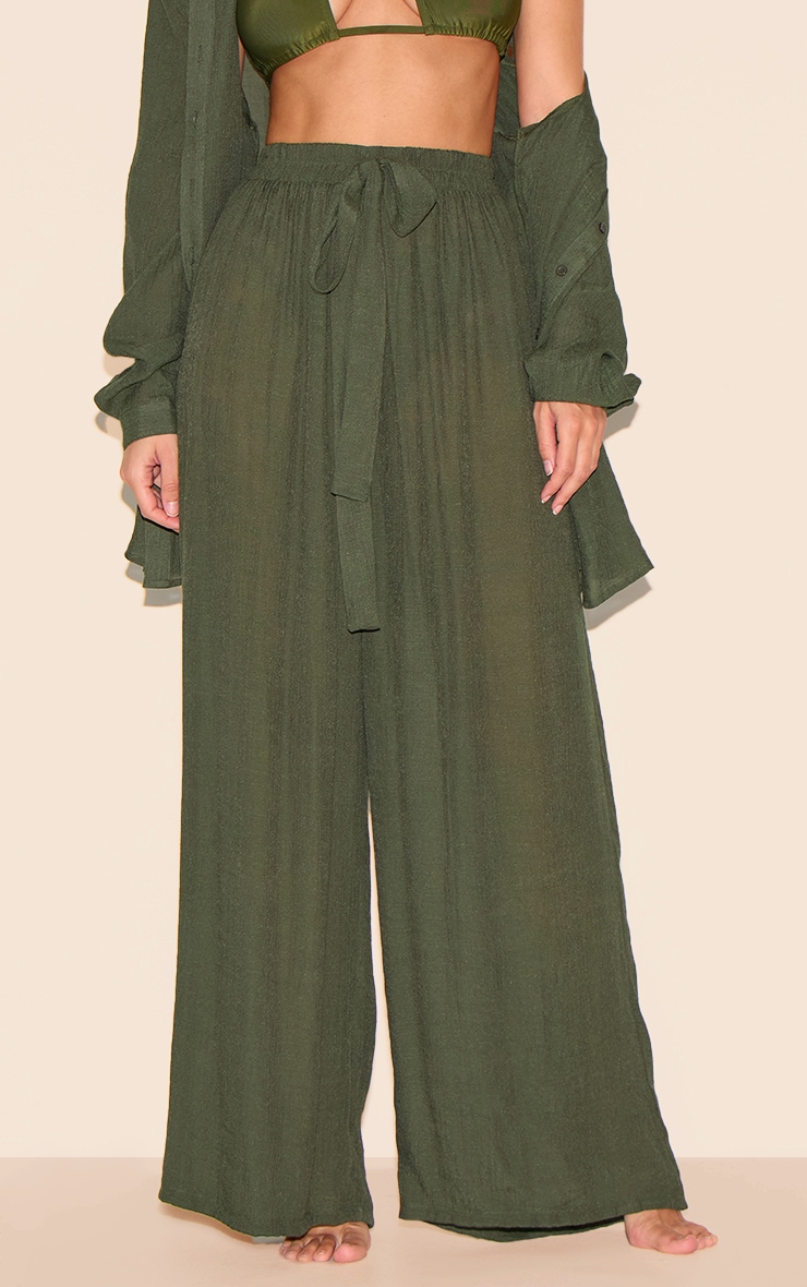 Khaki Green Linen Look Palazzo Beach Pants image 2