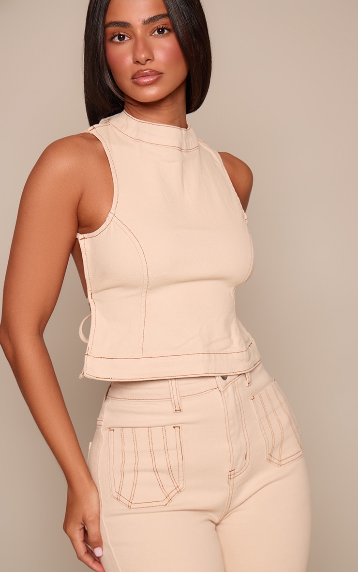 Petite Stone Denim Backless Top